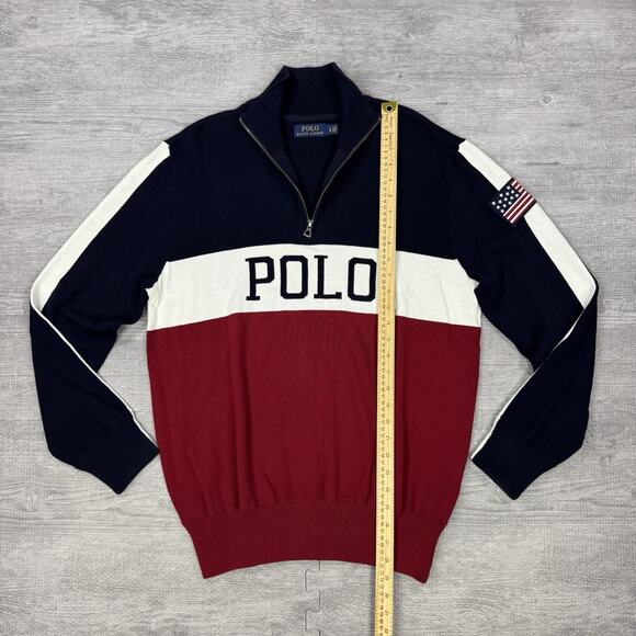 Polo Ralph Lauren Mens 1/4 Zip Sweater USA Flag Colorblock Spellout Sz L PREPPY - Picture 4 of 12